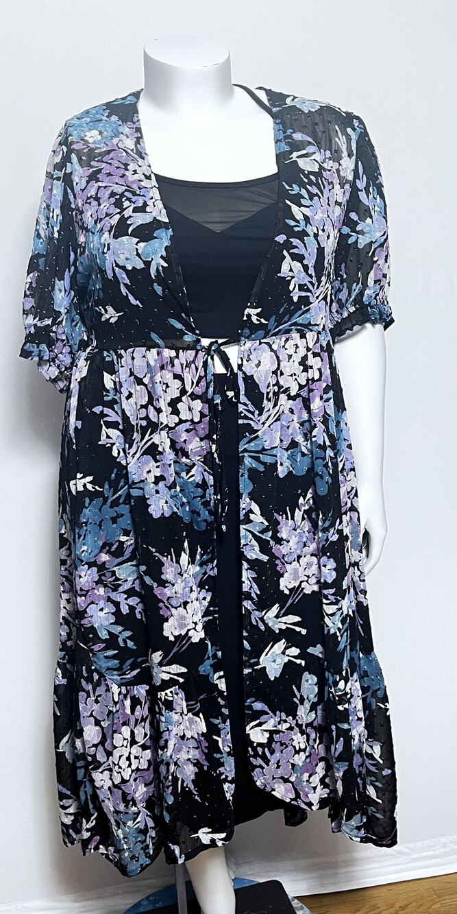Torrid Floral Swiss Dot Hi-Low Maxi Kimono Duster Dress Plus 3 3X NWT Black